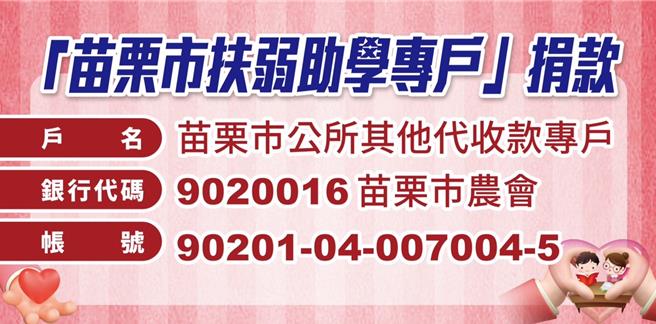 苗栗市公所提供「苗栗市扶弱助学专户」捐款管道，欢迎社会各界踊跃支持。（苗栗市公所提供／吕丽甄苗栗传真）