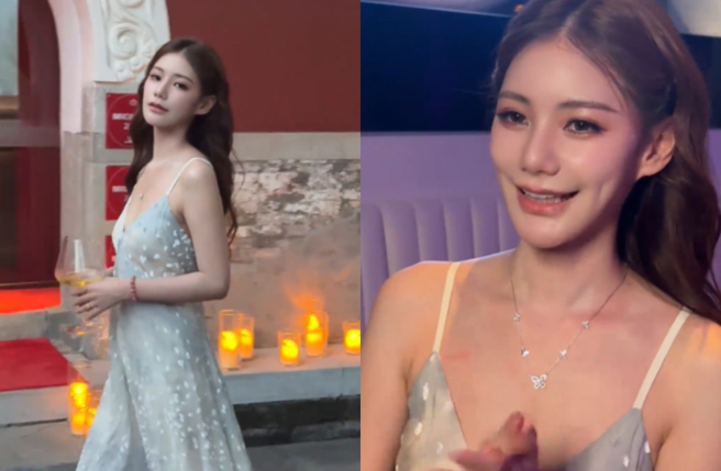 Mandy戴上汪小菲送的閃亮項鍊。（圖／微博 小鹿立正）