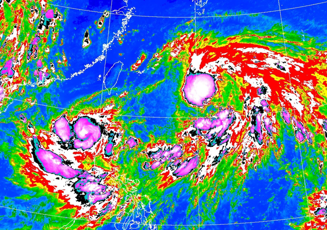 范斯高与准竹节草虽然都相当弱，但届时的交互作用，可能形成大低压带影响台湾天气。（图／中央气象署）