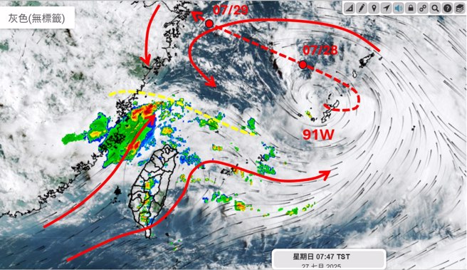 值得注意的是，91W今晚到明天環流西側的南北風交會處（黃色虛線）將來到台灣上空，導致西半部大雨。(翻攝自吳聖宇臉書)