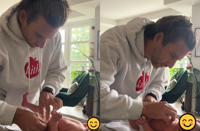 謝婷婷男友初次挑戰包尿布。（圖／IG@jennifertsetingting）
