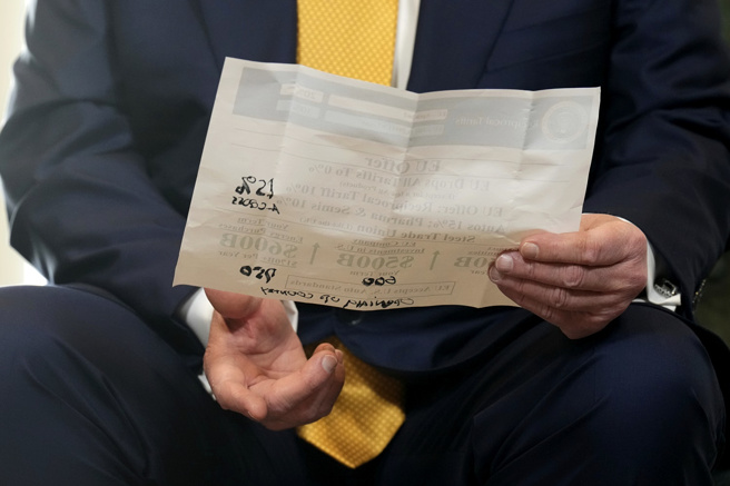 照片顯示，美國總統川普疑似為歐盟的投資金額加碼，將5000億美元手寫改成6000億美元。（美聯社）