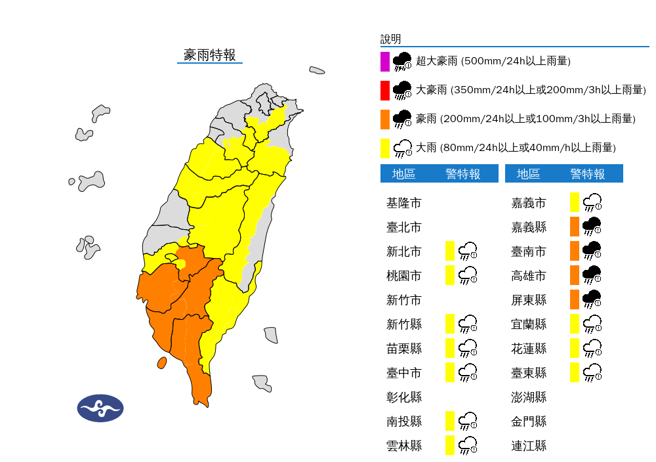 气象署发布15县市豪大雨特报。（气象署）