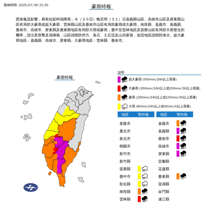 全台11县市豪雨特报，高雄、屏东山区更是超大豪雨等级。（图／中央气象署）