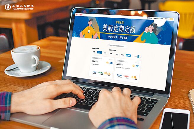华南永昌证券「美股定期定额」服务，附有市值排行、报酬绩效及热门标的排行榜等功能，单笔仅需100美元即可投资全世界。图／华南永昌证券提供