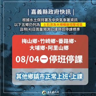 土石流、大規模崩塌警戒 嘉縣5鄉鎮4日停班停課