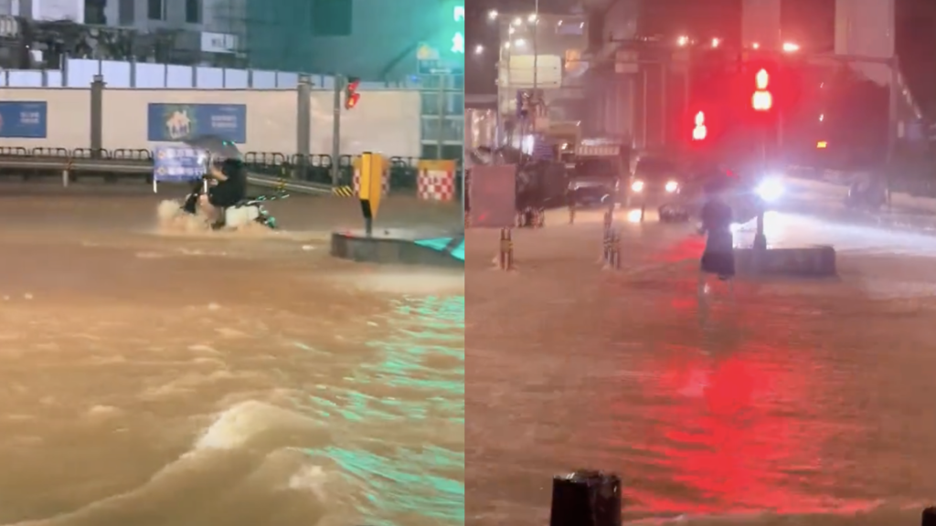 深圳全市暴雨，水面最高漫至膝蓋，居民出行生活相當不便。（圖／翻攝微博）
