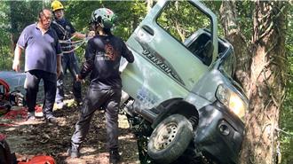 驚險畫面曝！油門當煞車踩   台東小貨車墜谷「卡樹上」懸半空