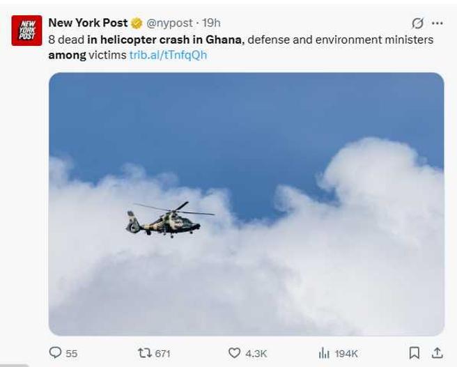 迦納總統馬哈馬辦公室確認博阿馬等8人罹難，表示「這是國家的悲痛時刻」。（圖／翻攝自X）