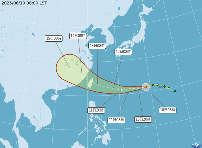 中央气象署预报显示，杨柳颱风的路径南修，可能变成穿心颱。 （气象署）
