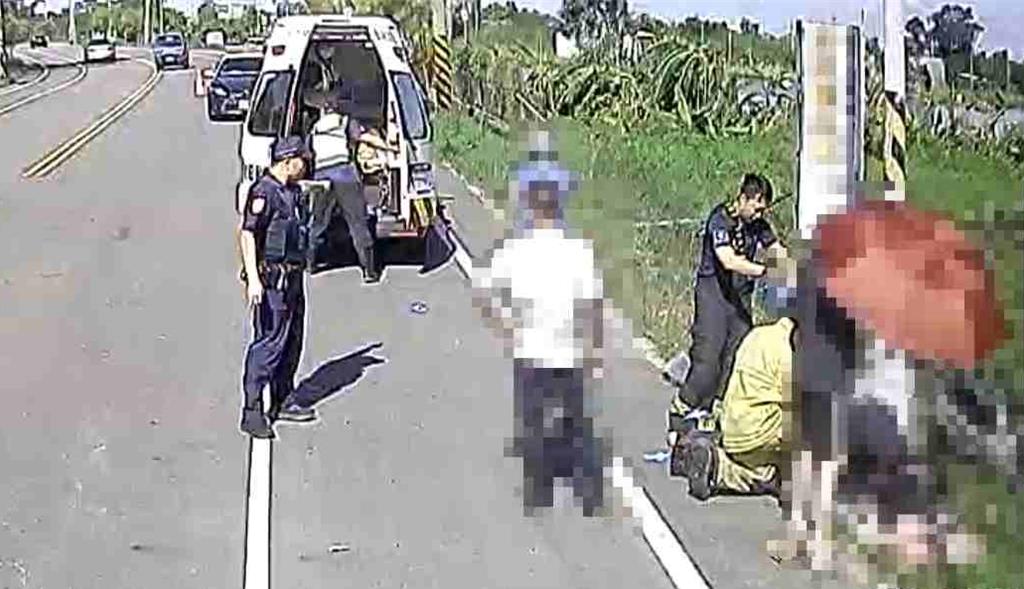 72歲阿公和14歲孫女噴飛倒地，救護人員到場時，阿公已失去意識。(消防局提供／呂妍庭嘉義傳真)