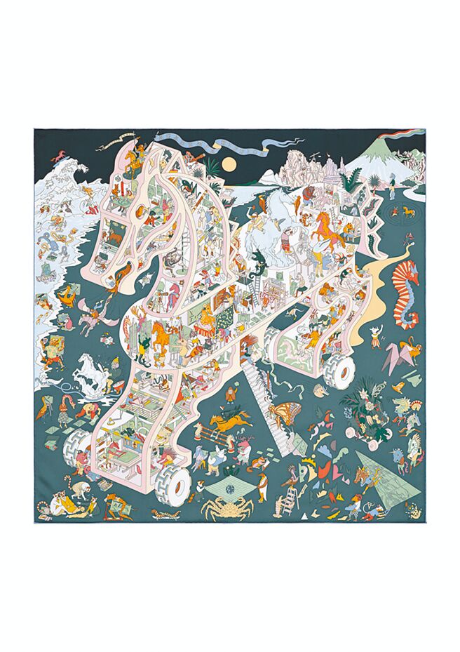 波蘭插畫家Jan Bajtlik所繪的歡樂木馬，圖像中也能見到作者本人奮力作畫的有趣景像。（Hermes提供）