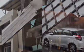 直擊！台東透天厝「超大片雨遮」 不敵楊柳颱風翻落砸車