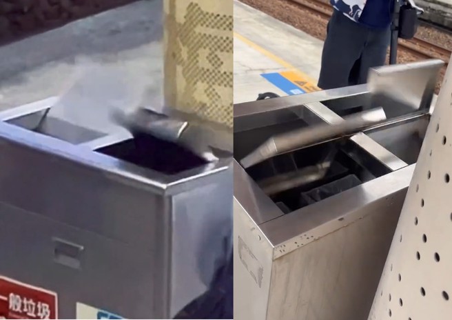 车站月台的垃圾桶，被强风吹到盖子狂旋转，网友惊呼「这是血滴子」。（翻摄爆料公社公开版）