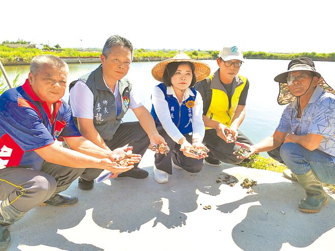 雲林縣沿海文蛤因豪大雨導致大量暴斃，縣長張麗善（左三）12日呼籲農業部盡速啟動天然災害救助，協助漁民度過難關。（張朝欣攝）
