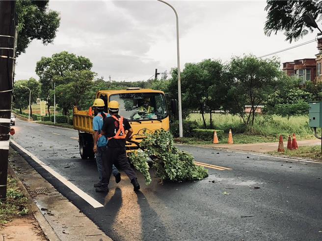 楊柳颱風暴風圈肆虐金門一整晚，林務所人員漏夜處理倒塌之路樹，相當辛苦。(圖／金門縣消防局提供)