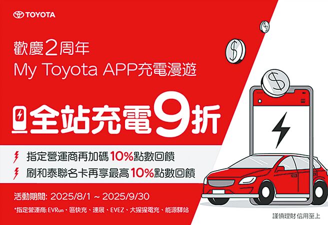 TOYOTA与Lexus总代理和泰汽车携手子公司兴联科技，自2023年推出全台首创开放性「OpenHub充电漫游服务」，两年来已成功整合EVALUE、U-POWER、iCharging、Noodoe、EVRun、ACON-ECO、区快充、EVEZ、能源驿站、大猩猩电充等10家充电营运商，全台站点数超过1000个，涵盖3600支充电枪。即日起至9月30日推出全站9折优惠券、指定营运商加码10％点数回馈、和泰联名卡最高10％点数回馈好礼活动（见图）。（和泰汽车提供）