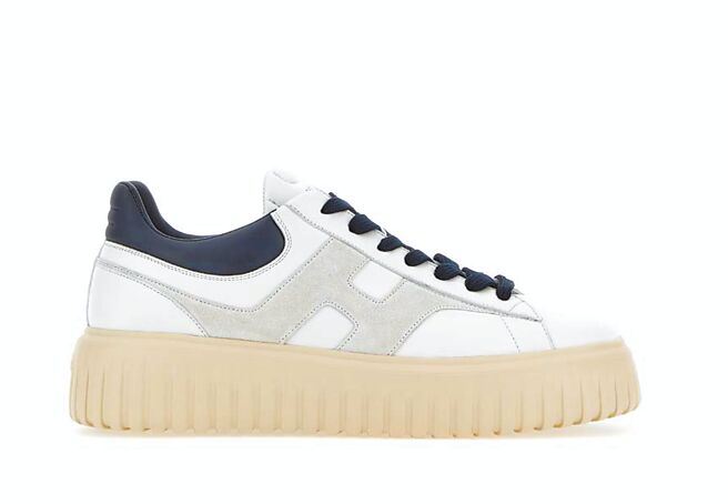 HOGAN H-Stripes白色拼接浅灰logo与深蓝色皮革男士休閒鞋，2万3300元。（HOGAN提供）