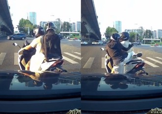 重機男裝B「吃豆腐」後座女棄車離去 網友：這樣撞很爽？