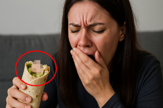 天啊！吃雞肉捲感覺怪怪的　美女竟吐出「一截指頭」