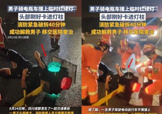 騎電車撞進臨時號誌燈！ 卡頭慘變「綠燈俠」