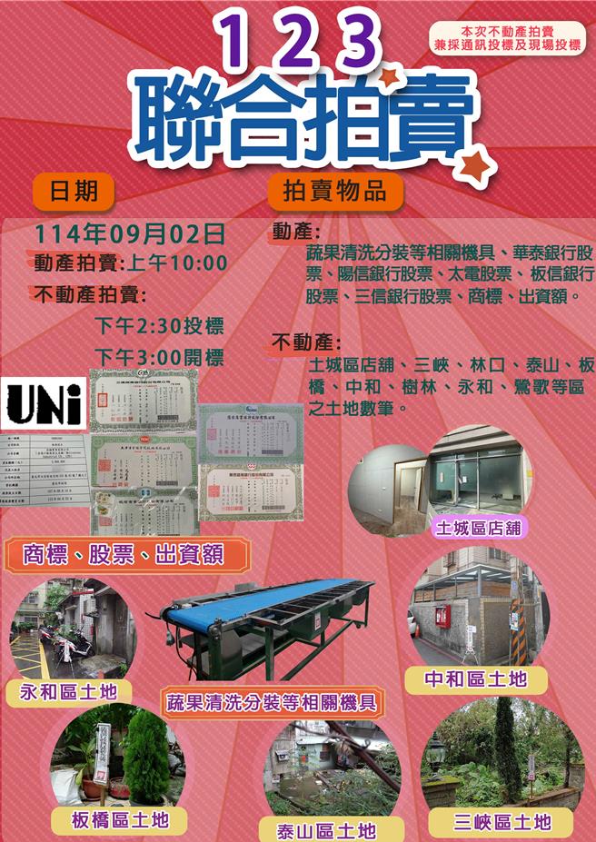 新北分署9月2日舉行聯合拍賣。（行政執行署新北分署提供）