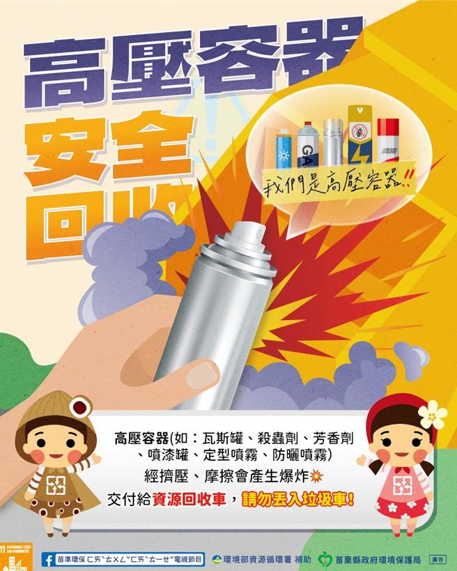 苗栗县环保局今年举办2场废高压容器回收兑换活动，共回收496个废容器。第3场将于公馆乡全联、第4场于苑里镇全联举行，邀请居民携带用完容器，一同守护社区安全与环境永续。（苗栗县政府提供／吕丽甄苗栗传真）
