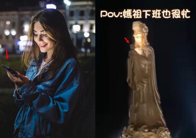 有網友夜遊澎湖，看到全世界最高媽祖銅像，結果發現媽祖好像在滑手機，影片上傳網路引發熱議。（合成圖：shutterstock／達志／翻攝爆廢公社）
