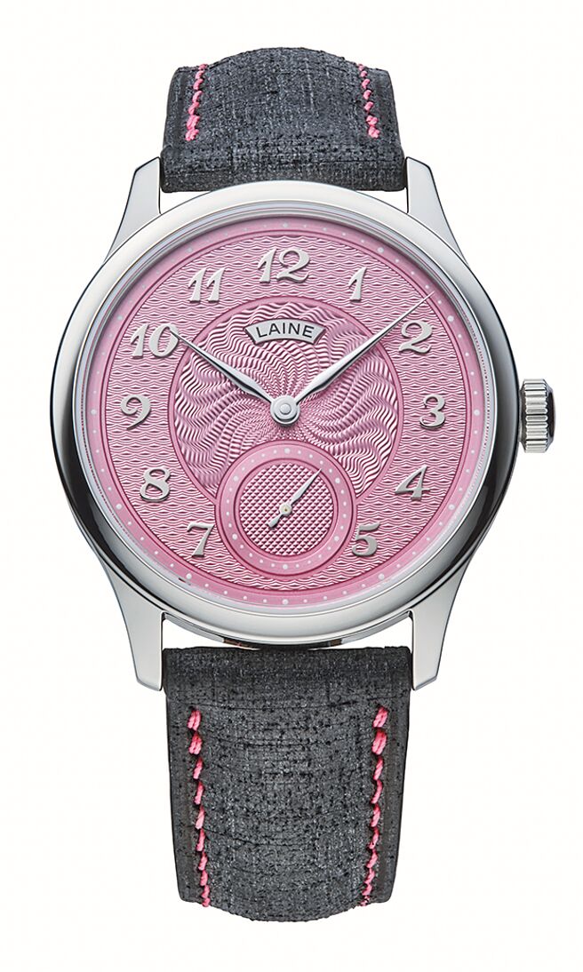 独立制表LAINE粉红色V38 Guilloche腕表，表盘有三种机刻雕纹，48万5000元。（瑞博品提供）