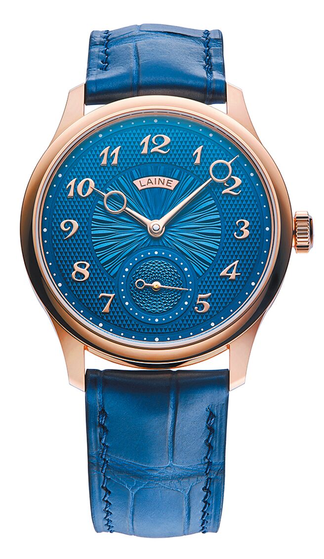 独立制表LAINE为瑞博品十周年打造台湾限定款V38 Guilloche玫瑰金腕表，表盘有三种机刻雕纹，88万元。（瑞博品提供）