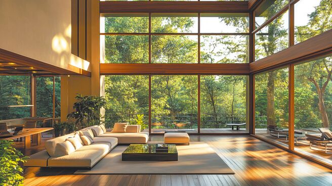 精湛建设专为顶级企业主打造的心灵梦想居所，从客厅落挑高地窗望去，满眼尽是山峦绿意与辽阔景致。图／精湛建设提供