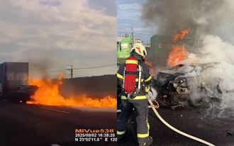 撞壞貨櫃車後軸！18歲賓士男燒成焦屍 目擊駕駛：火太大難靠近