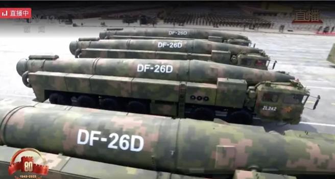 东风-26升级版--东风-26D导弹首次亮相九三阅兵，专家曝：全天候作战杀手锏。为东风-26D弹道导弹。（央视新闻）