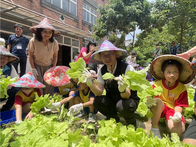 桃园市长张善政与龙星国小学生们一起在校内勤耕园体验食农乐趣。（吕筱蝉摄）