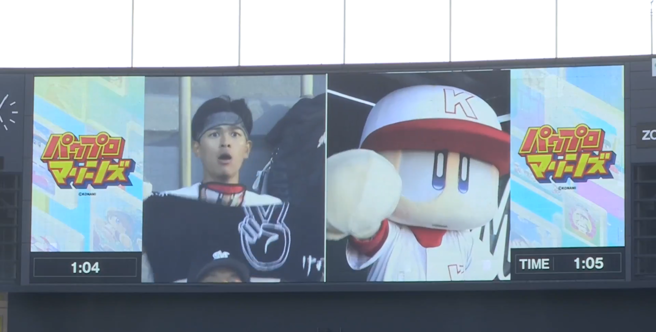 爆紅球迷「猜拳哥」帶著復仇看板重回球場，結果再度敗給吉祥物，誇張表情笑翻全場。（圖／截自YouTube：太平洋聯盟TV）