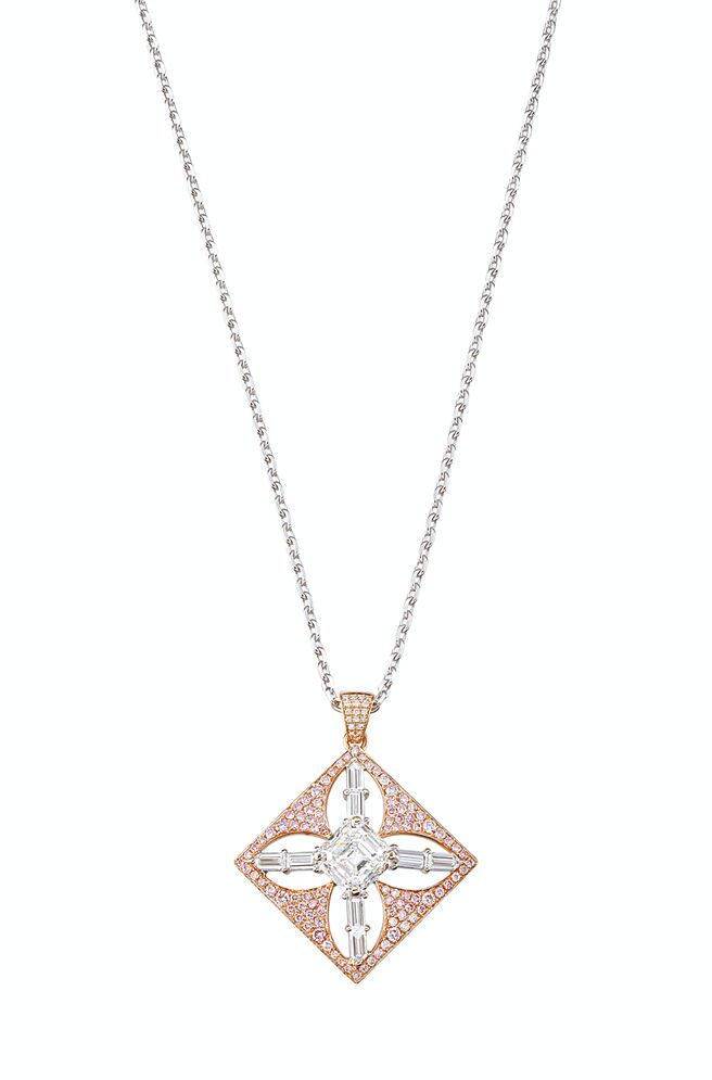 Chopard Red Carpet系列项炼，以18K白金和玫瑰金制成，主石为2克拉的方形切割钻石，428万元。（Chopard提供）