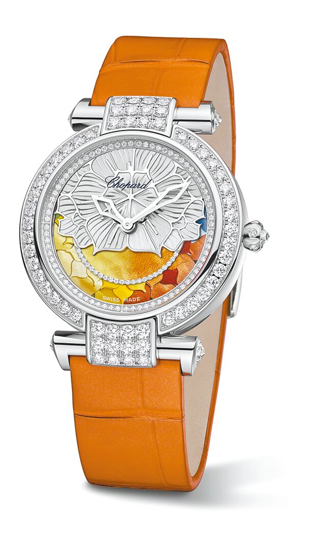 Chopard Imperiale腕表，採用18K白金表壳，搭配96.31-C自动上链机芯，表盘镶有125颗钻石、58颗圆形明亮钻石与4颗梨形钻石，356万元。（Chopard提供）