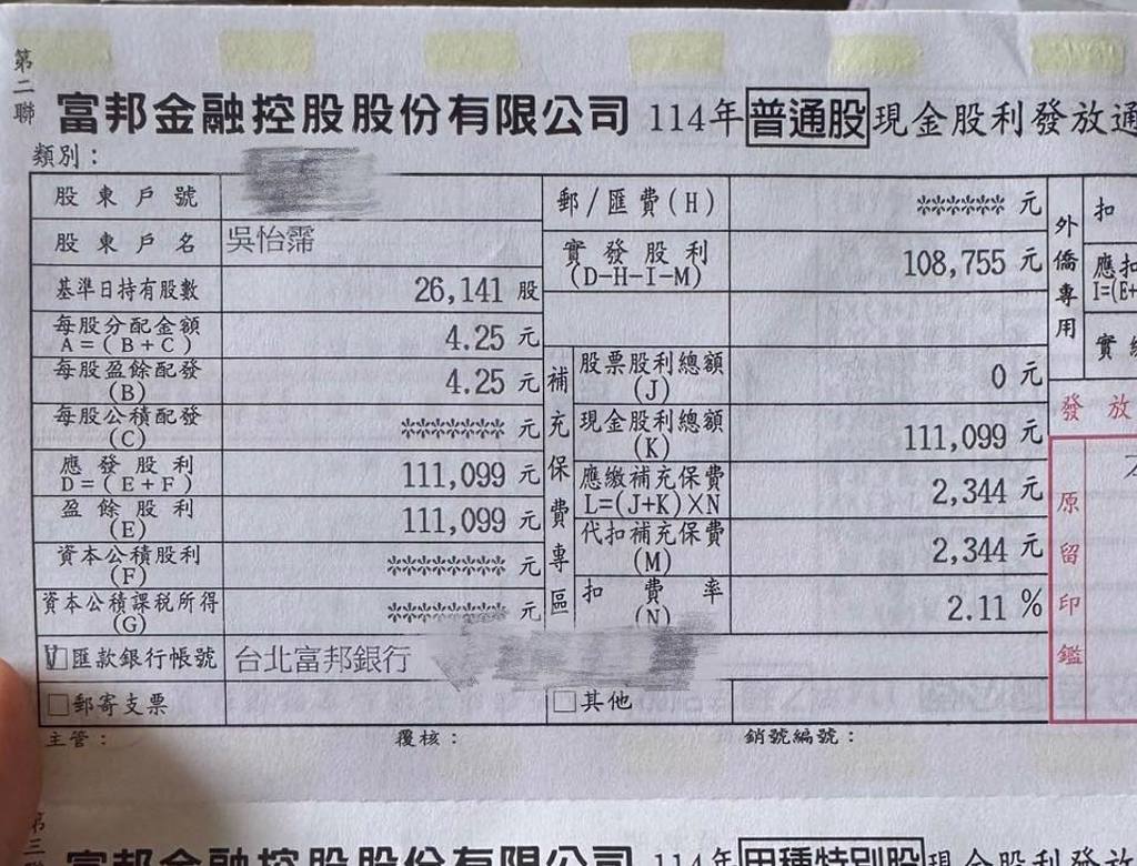 吳怡霈的富邦金股利108,755元。(圖/FB@吳怡霈(Patty))