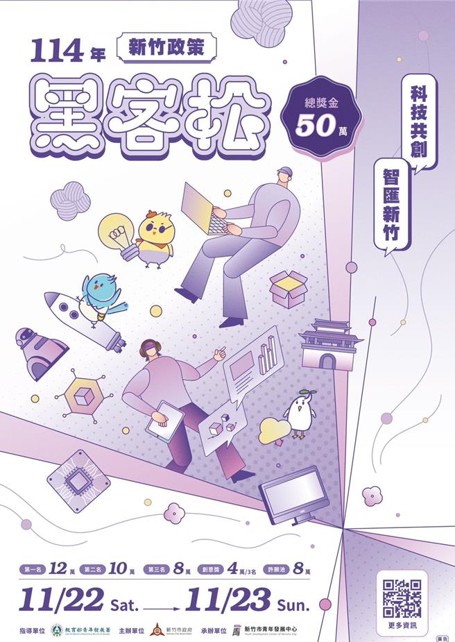 新竹市政府首次举办「114年度新竹政策黑客松」，代理市长邱臣远邀请全国16至40岁的青年提出具前瞻性的创新方案，角逐总奖金新台币50万。（新竹市政府提供／陈育贤新竹传真）