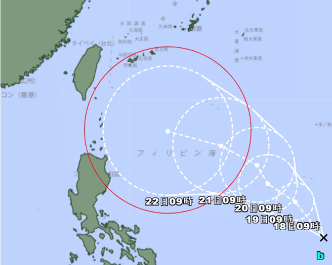 菲律宾东方海面有一热带低压生成，预估24小时内增强为颱风。（翻摄日本气象厅）