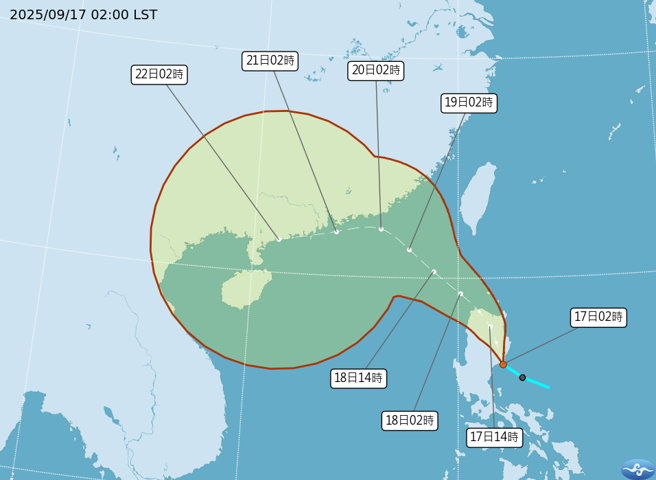 TD20预计明进入巴士海峡后增强为颱风，明、后天为台湾带来水气。（中央气象署提供）