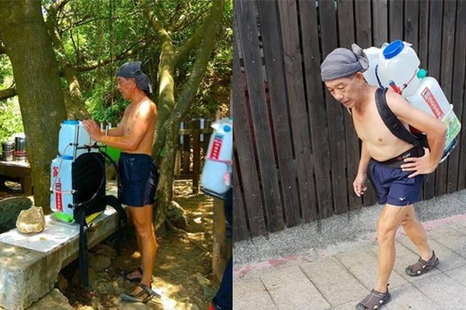 洪木生背水上山30多年来如一日。（蔡侑霖提供／洪靖宜高雄传真）