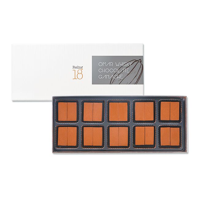 「OMAR威士忌生巧克力」融合Feeling18巧克力工房、OMAR酒廠特色，喜愛威士忌與巧克力的消費者，值得一試。（Feeling18提供）