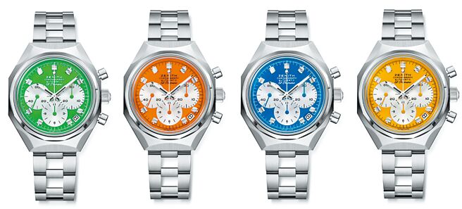 ZENITH与设计师家具USM联手推出DEFY计时腕表USM限量胶囊系列，共有4色，每只39万6700元。（ZENITH提供）