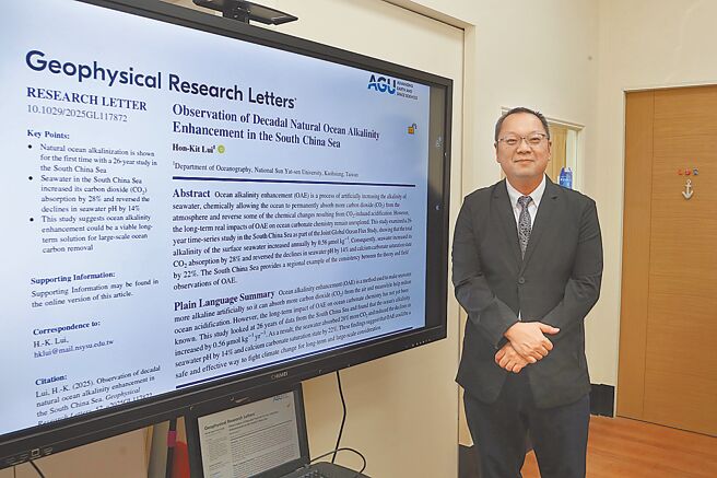 中山大學海洋學系助理教授雷漢杰分析南海長達26年的海洋觀測資料，首度發現海水鹼度呈現自然上升趨勢，不僅能提升海水吸收二氧化碳的能力達28％，也可減緩海洋酸化速度約14％。（國立中山大學提供／丁治綱高雄傳真）