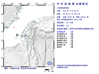 16：51金門又發生規模4.9極淺層地震 7縣市有感