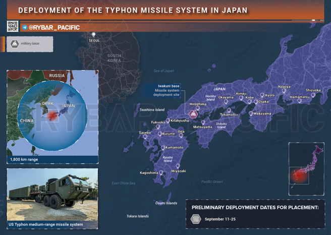 泰風飛彈系統部署於日本的射程與區域影響。（RYBAR團隊授權使用）