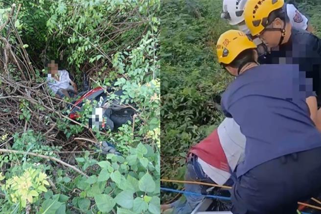 消防人员协助吴男脱困。（翻摄照片／洪靖宜高雄传真）