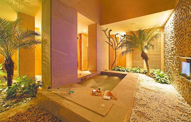 彰化桂冠旅馆每间客房皆有挑高天井与绿色植栽，以森林般的沉静氛围打造「会呼吸的房间」。（彰化桂冠旅馆提供）