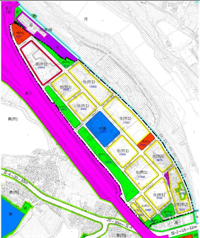 「新店碧潭大桥北侧（F单元）」开发后将提供9.5公顷住宅区、1.69公顷商业区、2座公园、2处绿地及完善道路系统规画。（新北市地政局提供）